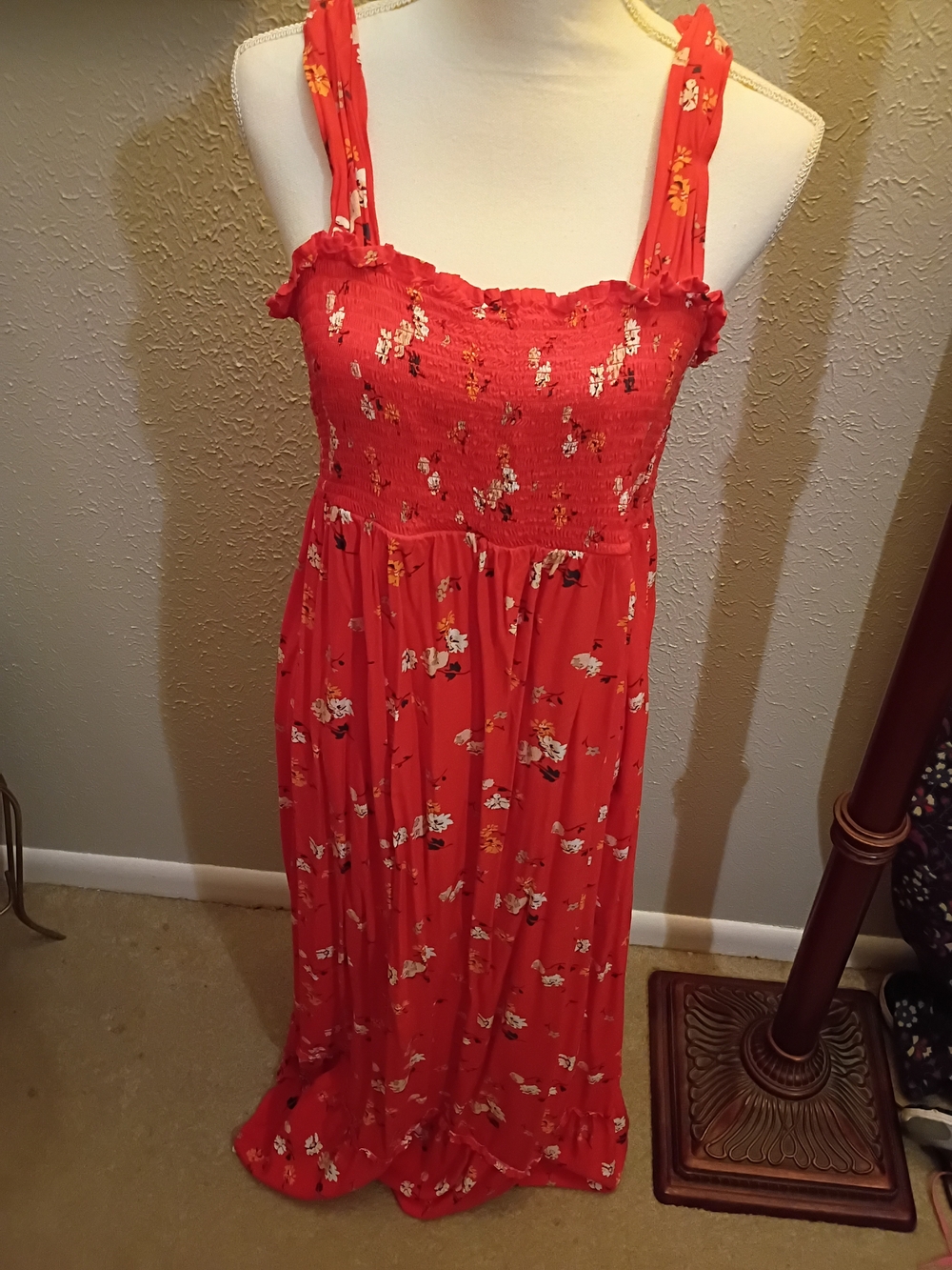 Red Floral Smocked Maxi Dress - Women's